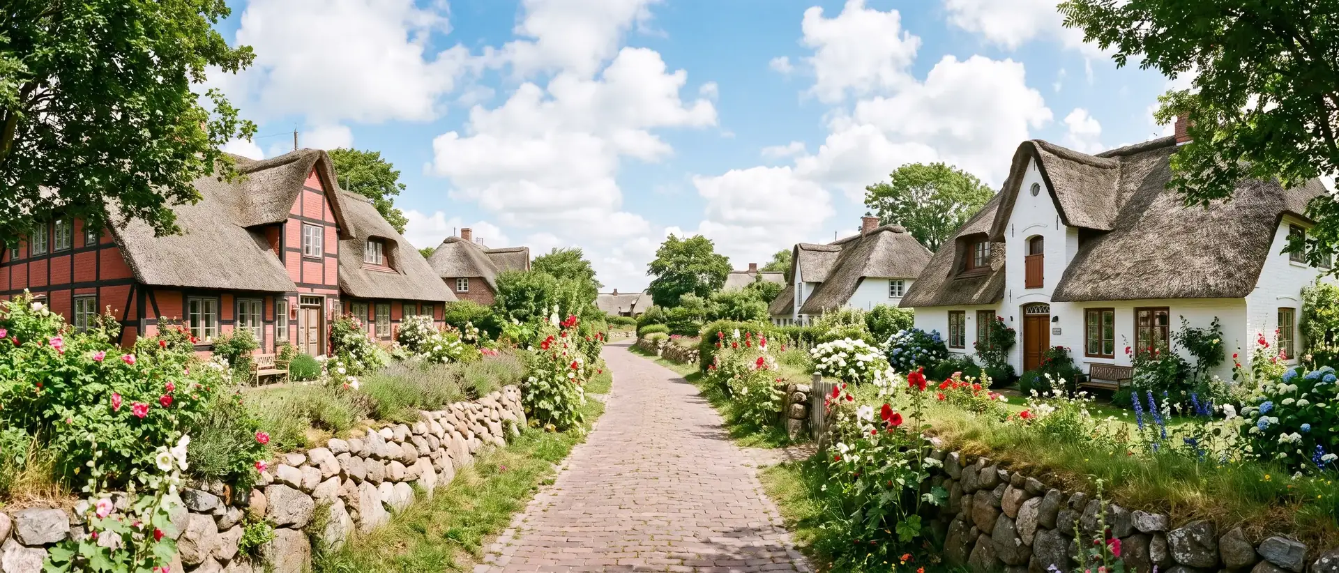 Dorfstraße mit Reetdachhäusern, Friesenwällen und blühenden Gärten im Sommer