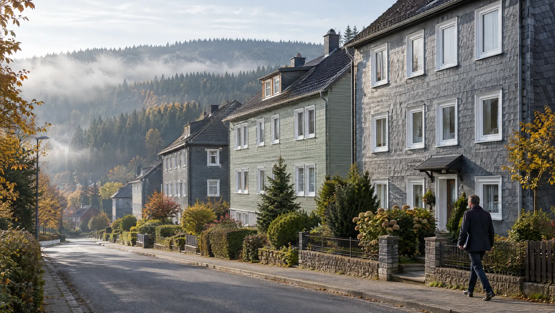 Straße mit schiefer- und holzverkleideten Mehrfamilienhäusern im Oberharz, ein Verwalter mit Mappe auf dem Gehweg