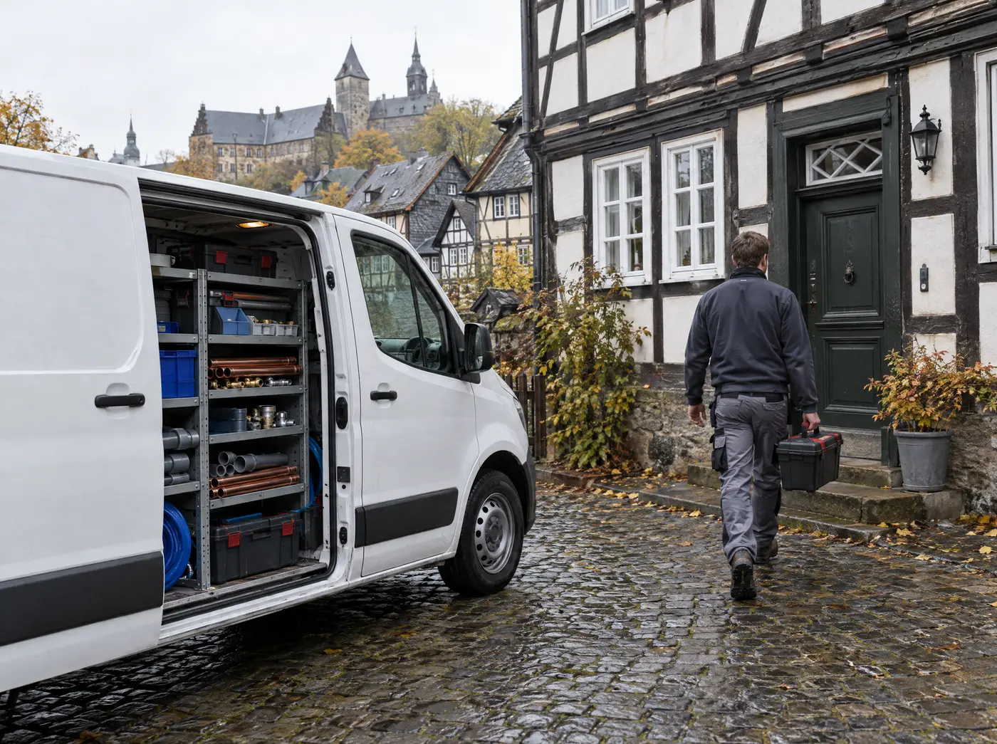 Installateur trägt seinen Werkzeugkoffer vom Transporter zu einem Fachwerkhaus in Goslar